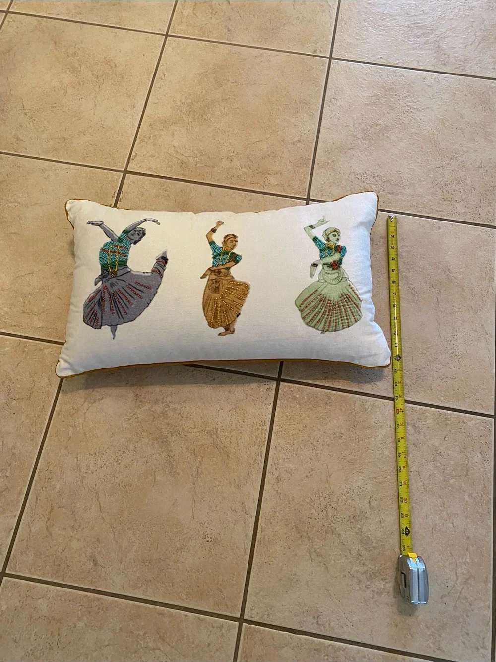 Embroidered Dance Motif Lumbar Pillow - White with Multicolor Figures